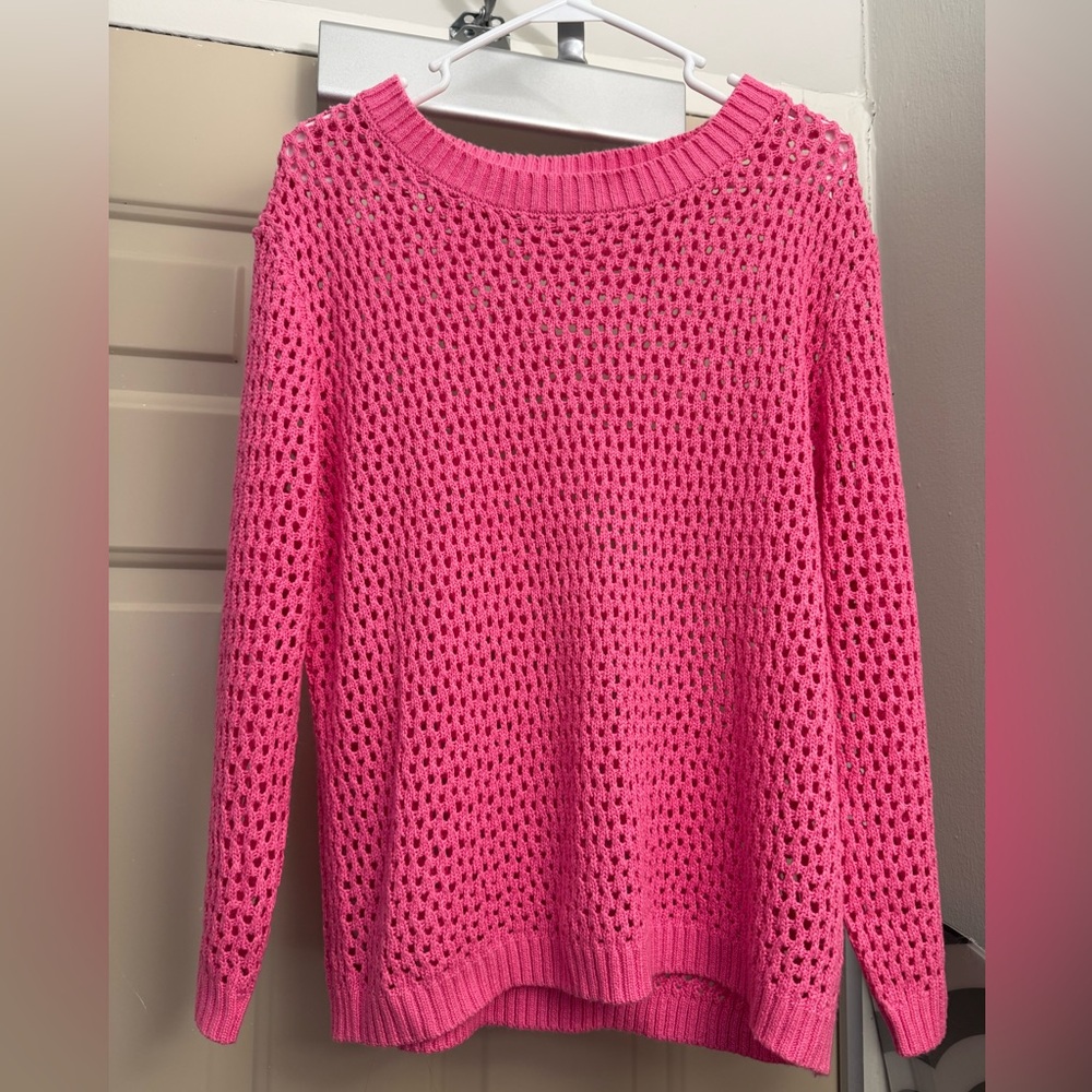 Anrabess Crochet Open Knit Pink Sweater Top